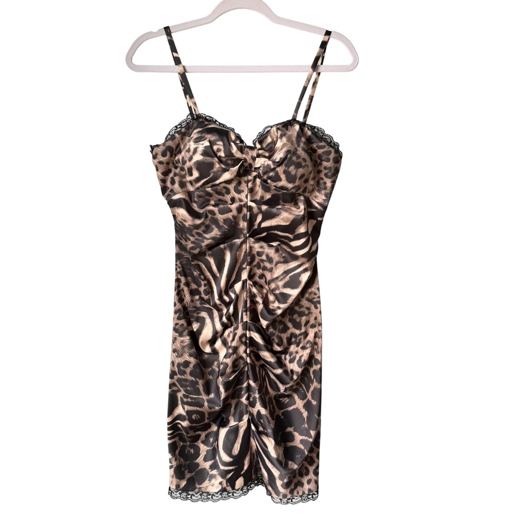 Faviana Leopard Print Mini Dress Cocktail Spaghetti Strap Ruched Lace Trim Large